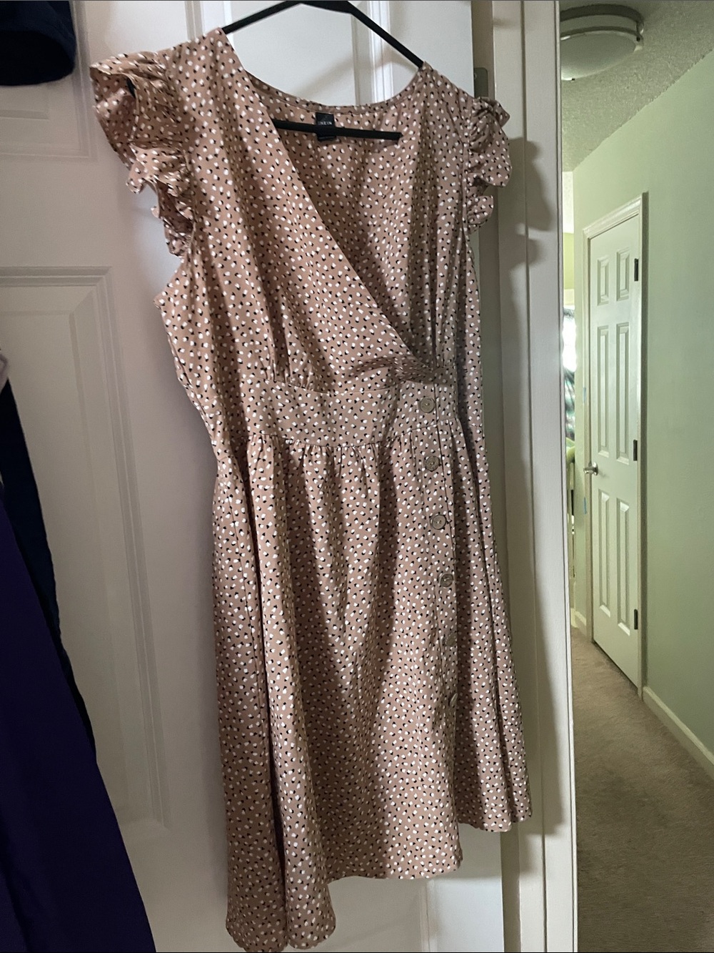 Beige floral faux Wrap Dress with Ruffle Sleeves